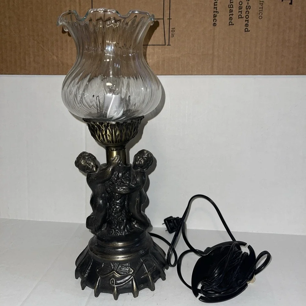 Table Lamp Cherubs Metal And Glass vintage